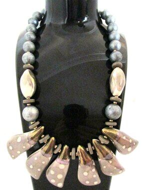 Vtg 80s Painted Porcelain Beaded Necklace Gray Gold Taupe Tone Retro Abstract